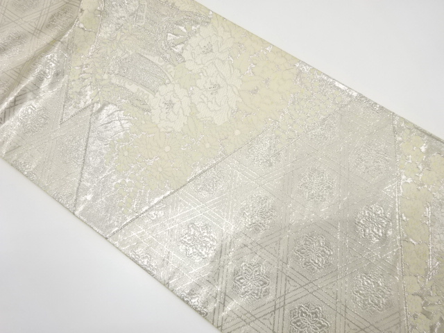 JAPANESE KIMONO / ANTIQUE FUKURO OBI / SILK / WOVEN CARRIAGE & FLOWER